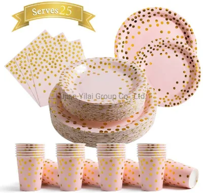 Juegos de servilletas desechables con platos de papel - Artículos de fiesta, rosa con lunares dorados 25 platos llanos 25 platos de postre 25 servilletas