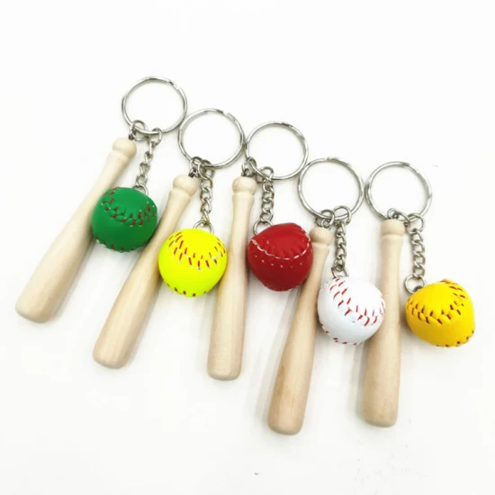 Leon Factory Design Softball Chain Pendant 2cm Pendant Wholesale Small Ball Long Stick Key Ring Accesorios Artesanía Custom Wooden Baseball Key Chain